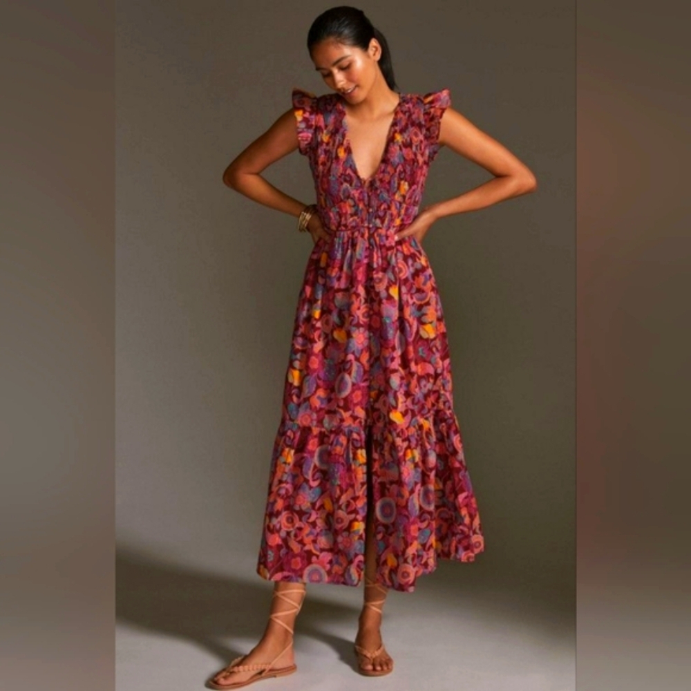 Anthropologie The Peregrine Midi Smocked Dress In Red Motif